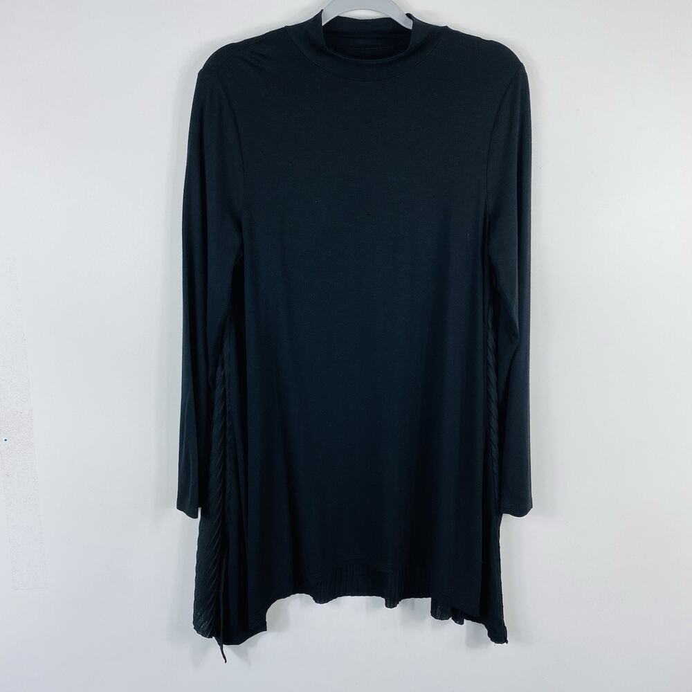 Chico's Tunic Top Medium 1 8 Black Pleat Back Long Sleeve Mock Neck Stretch Knit